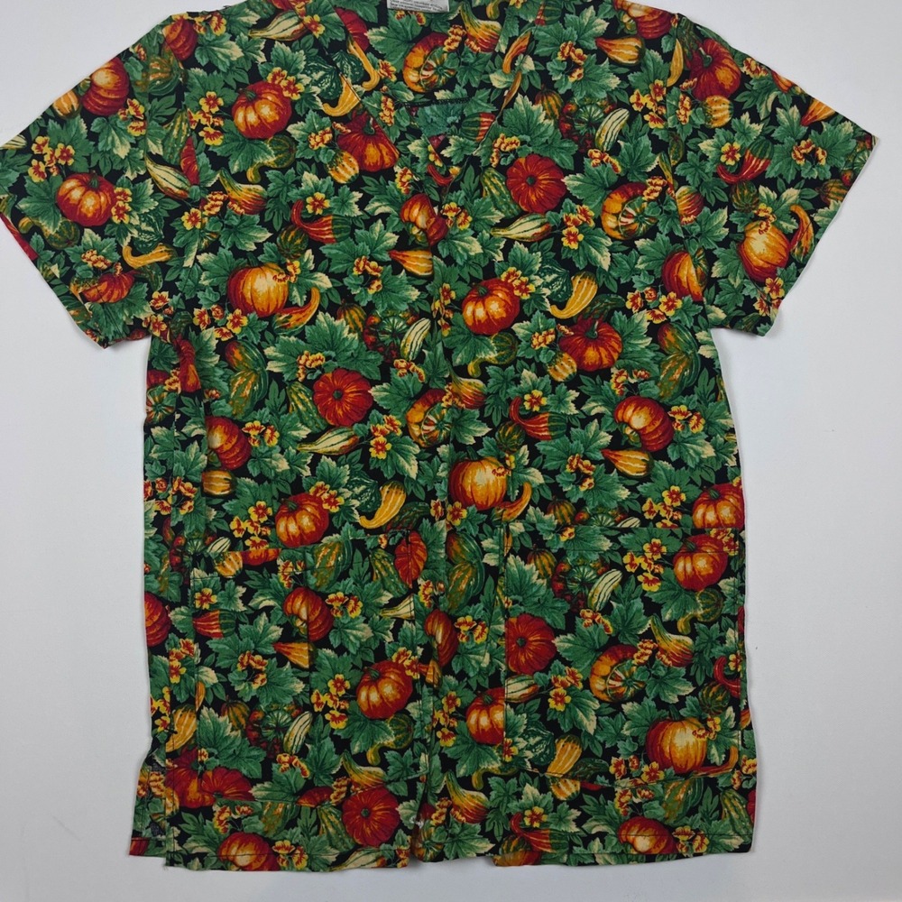 AllHeart Scrub Top Pumpkin Gourd Harvest Autumn Fall V-Neck Pockets Women Small